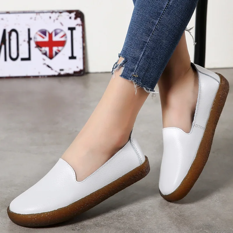 

New Women Shoes White Genuine Leather Shoes for Women Loafers Soft Mocassin Femme Oxford Shoes Slip on Casual Leather Flat Shoes
