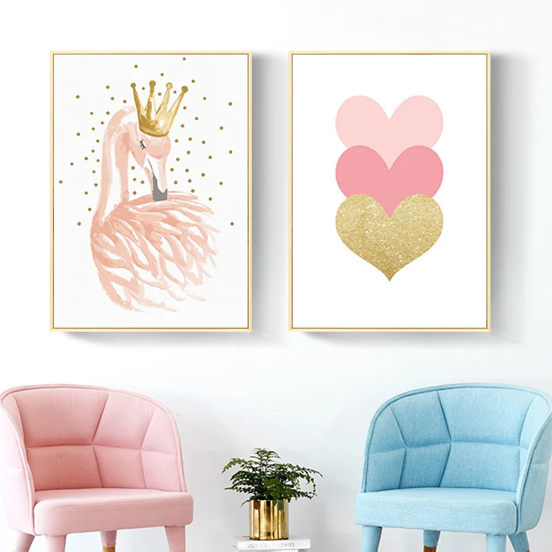Детские постеры для детской комнаты "Лебедь" на холсте с печатью картины в стиле "Нордическое розовое сердце".