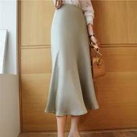 women summer midi high waist satin skirt elegant a line solid office ladies skirts