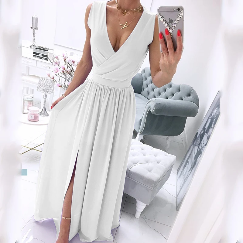 

Solid Sleeveless Sexy Deep V Neck Slit Maxi Dress Women Fit Flare Summer Dress