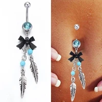 delysia king fashion vintage blue beads zircon navel rings feather bow knot piercing jewelry for bar
