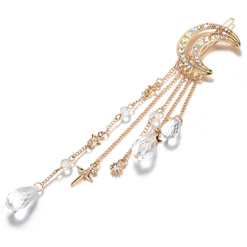 

4 Colors Women Charming Long Elegant Fashion Moon Crystal Tassels Hair Clip Hair Accessories
