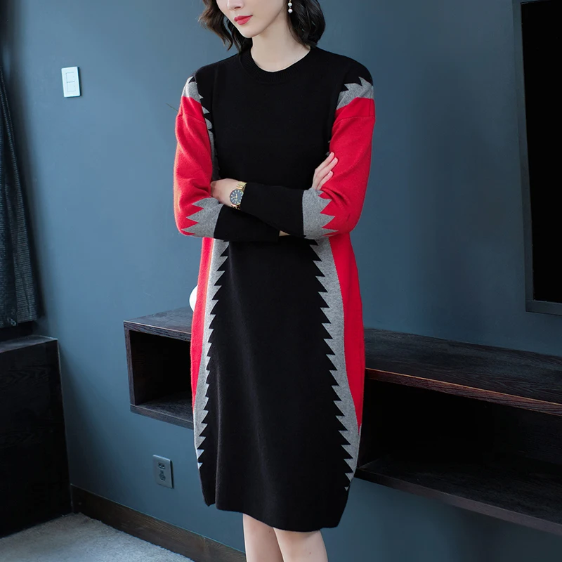 

2021 New Casual Vintage Plus Size Women's Dress Elegant Sweaters Autumn Winter Black Patchwork Knitting Wool Sweater Midi Dresse