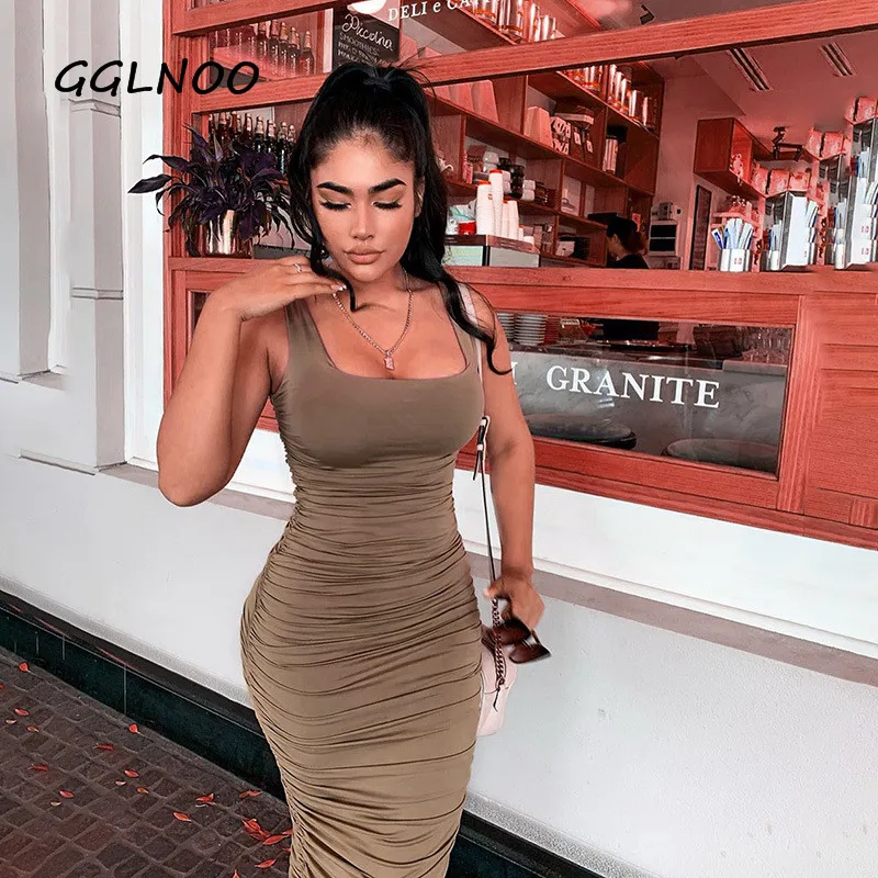 

GGLNOO 2021 летние тонкие однотонные сексуальные обтягивающие вечерние платья, женские модные обтягивающие Клубные платья без рукавов, базовое горячее платье миди GG22860