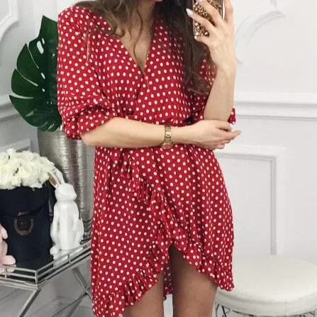2019 Short Women Dress Ruffles Print Polka Dot Sexy Bodycon Beach Female Half Sleeve Summer Party Mini Dresses Vestidos | Женская одежда