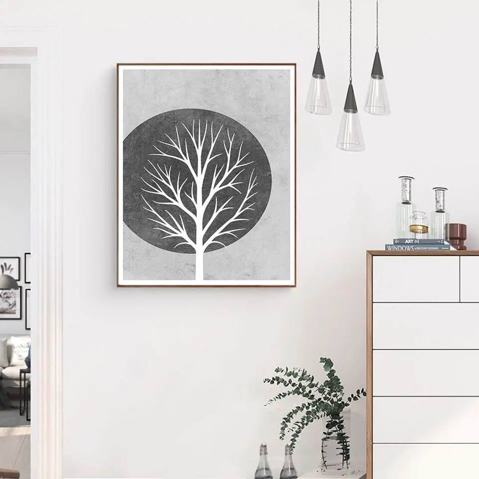 Серое белое дерево силуэт плакаты принты абстрактный плакат настенный Арт холст