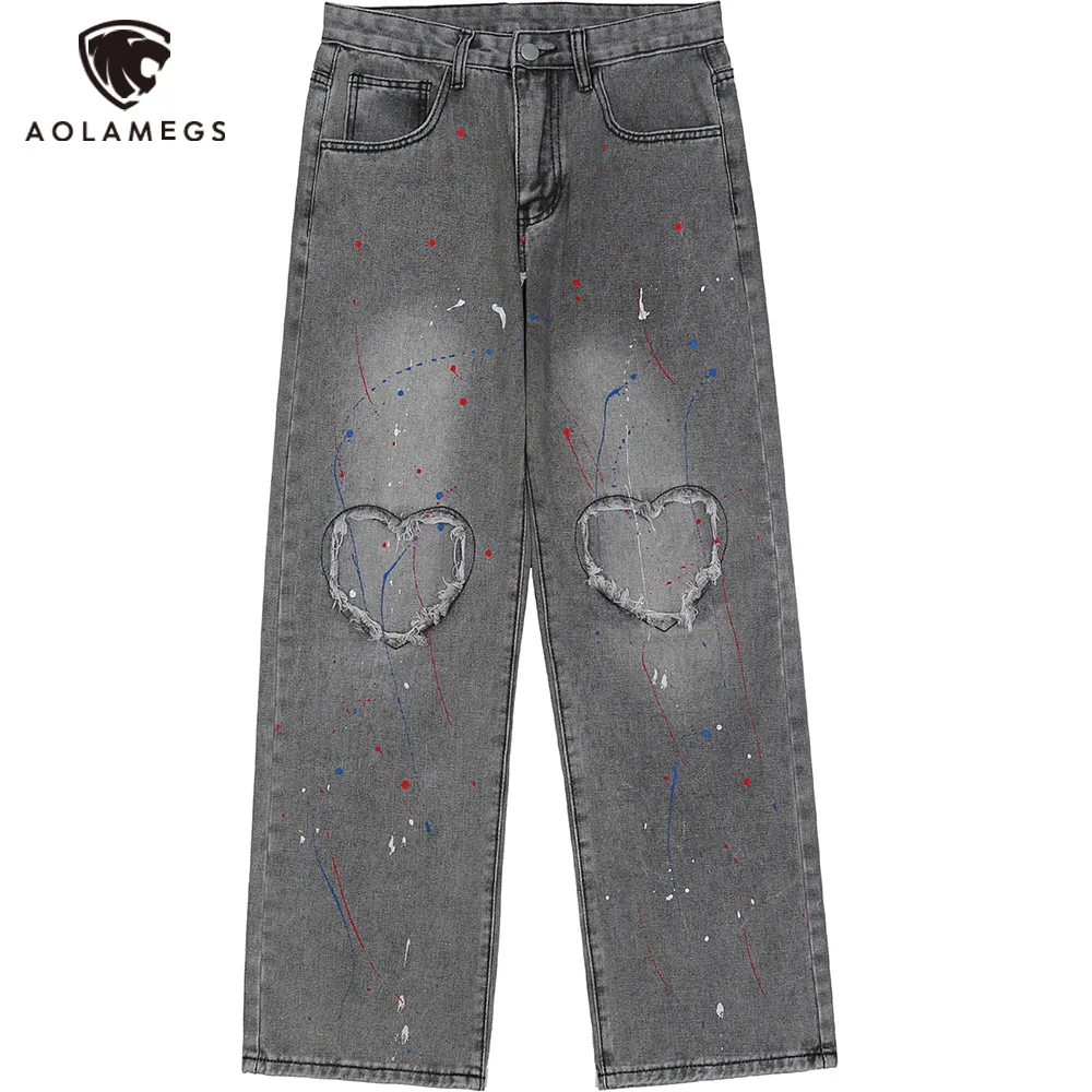 

Aolamegs Jeans Men Patch Heart-shaped Dot Graffiti Denim Pants Baggy Cozy Hipster High Street Straight Trouser Autumn Streetwear