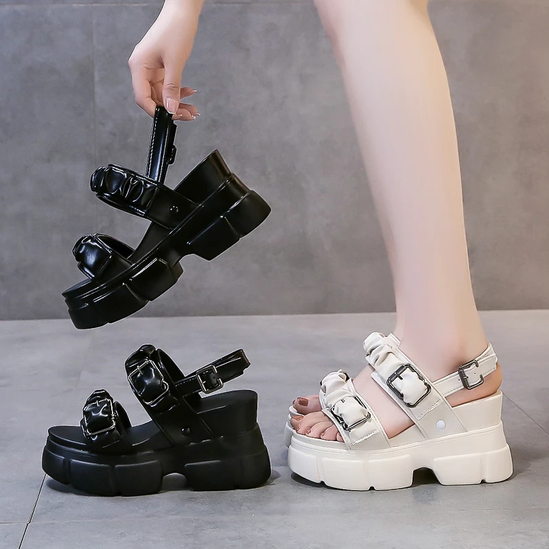 

Women Punk Sandals 2021 Summer Platform Wedges High Heel Sandals Female Open-toe Chunky Sneakers Beach Buckle Slippers Woman 9cm