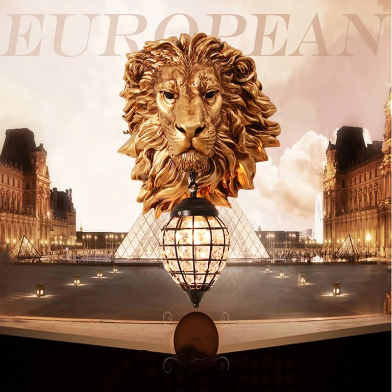 

European Retro Corridor Led Wall Lamp Bedside Lamp American Country Lion Head Bar Wall Sconce Living Room Background Wall Light