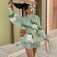 high quality new autumn woman dress puff sleeves green stripes fish tail celebrity evening night party dress vintage vestios