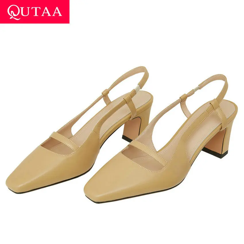 Женские квадратные туфли лодочки QUTAA коричневые из бычьей кожи с острым носком на