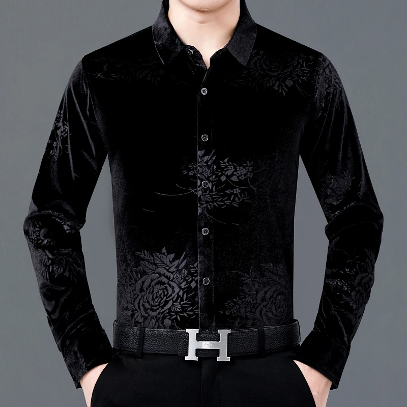 Новинка 2020 мужские бархатные рубашки Осенние плиссированные платья с длинными