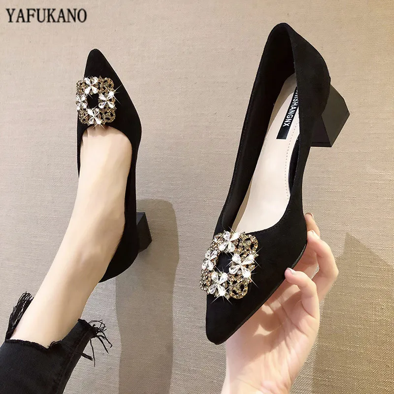 

Elegant Rhinestone Decoration Women Pumps 2020 New Chunky Heel High Heels Fashion Suede Mid-Heel Shallow Mouth Work Single Shoes