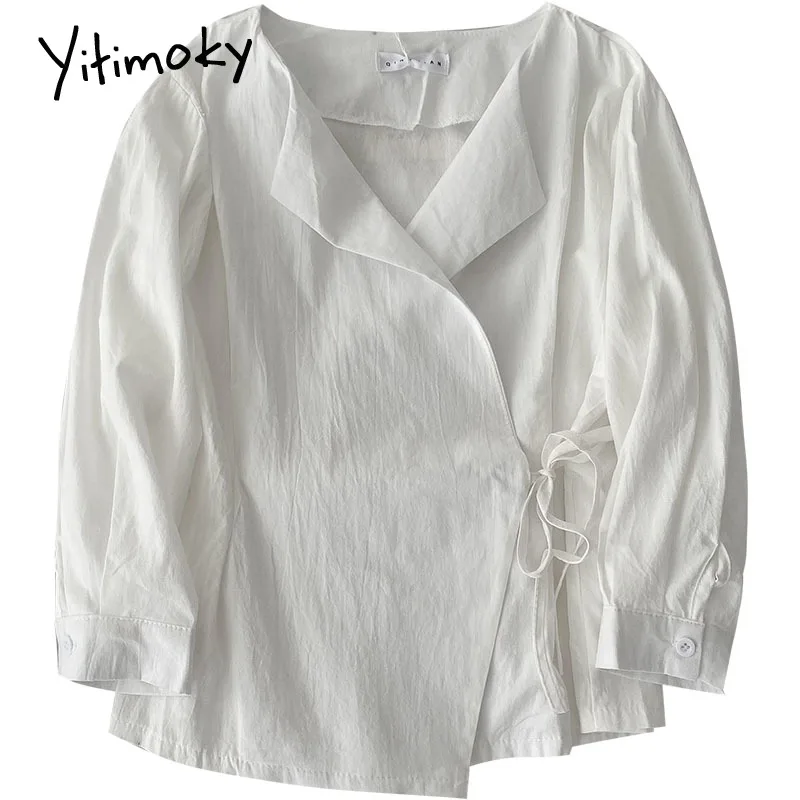 

Yitimoky Women Shirts 2021 Spring Summer New Simply Style Korean Fashion V-Neck Long Sleeve White Casual Vintage Straight Blouse