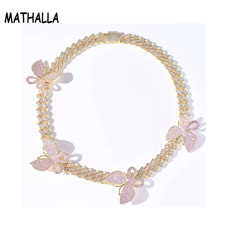 MATHALLA Butterfly Charm Micro-Dense Zircon Cuban Chain Necklace Iced Cubic Zircon Gold Fashion Hiphop Jewelry Men's Jewelry