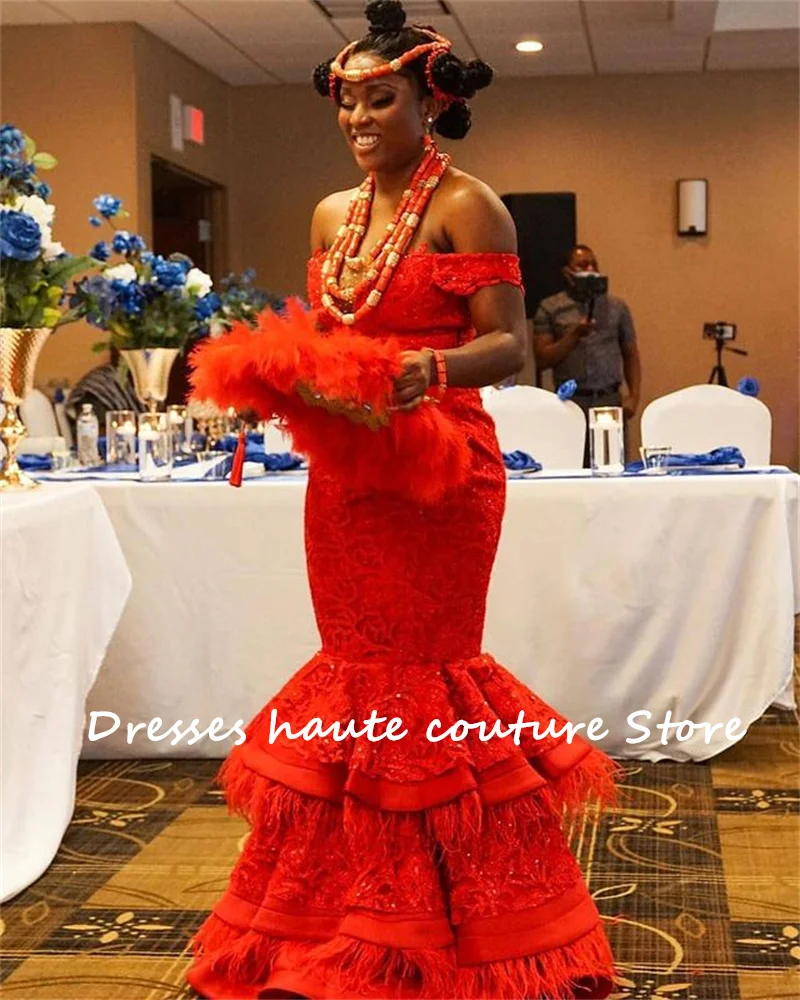 

Red Mermaid Wedding Dresses Modern African Nigerian Aso Ebi Lace Applique Off Shoulder Bride Wedding Gown Custom