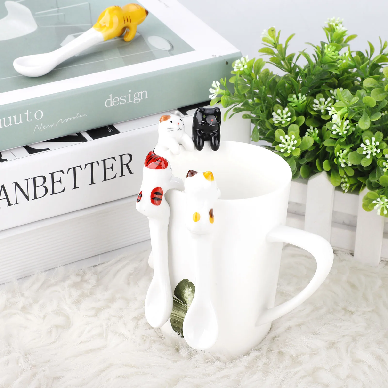 Hot sale Ceramic Cartoon Cute Cat Animal Spoon Hanging Coffee Dessert Unique Ice Cream Flatware Kitchen Tool Novelty Gift | Дом и сад