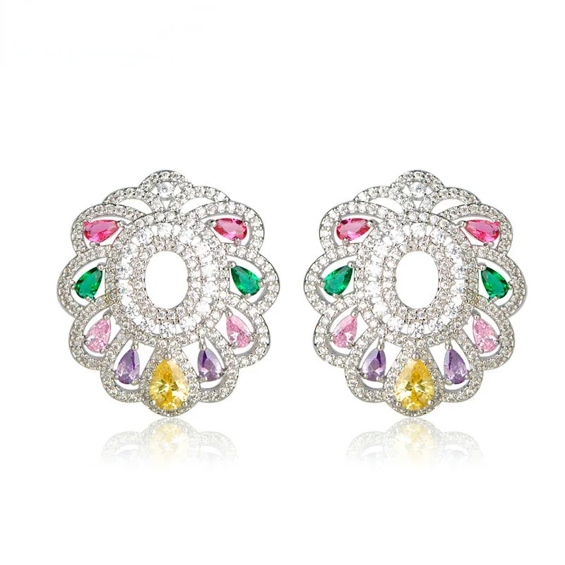 

Blucome New Arrival Delicate Stud Earrings for Women Girls Multicolor Cubic Zirconia Flower Brincos Wedding Party Jewelry
