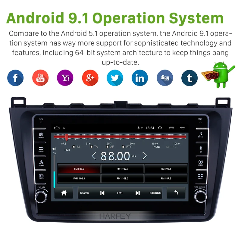 Автомагнитола Harfey 2din с GPS-навигацией 4 ядра Android 9 1 для Mazda 6 Rui wing 2008 2009 2010 2011-2014