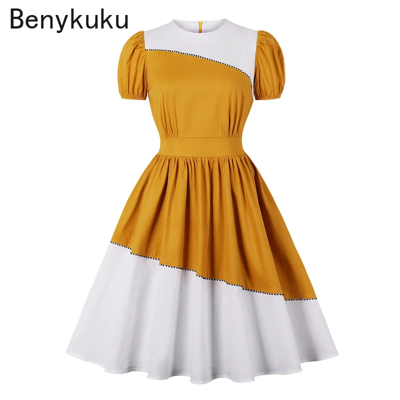 

Color Block Yellow White 50s Pinup Rockabilly Dress Summer Women Short Sleeve Pleated Vintage Dresses High Waist Robe Femme