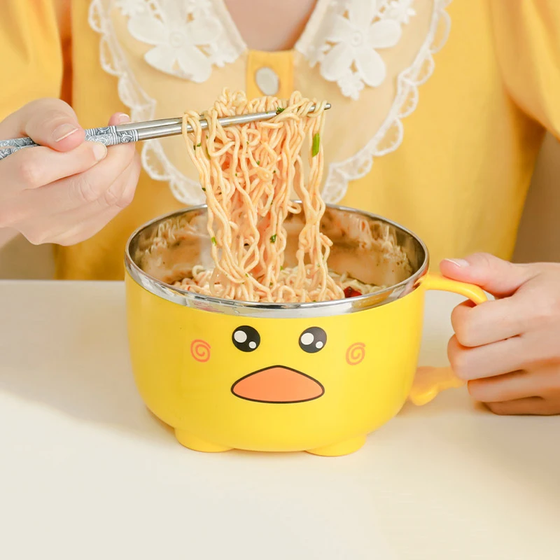 

cute Duck Ramen Noodles Bowl With Lid Cute Stainless Steel Kitchen Fruit Instant Salad Rice Soup Double-layer Bowl Tableware