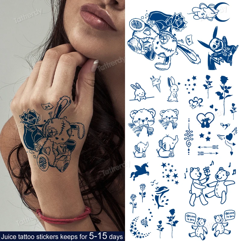 juice tattoo natural fruit ink long lasting body painting cute temporary tattoos rabbit elephant bear moon tattoo sticker blue