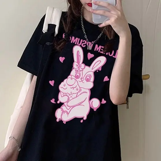 

Harajuku Bunny Print Black Crop Women T-shirts Mall Goth Streetwear Short Sleeve Top Tee Female Kawaii y2k Mujer Gothic Kpop