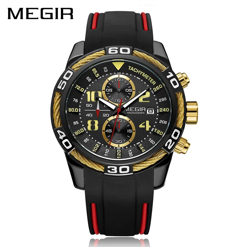 

MEGIR Хронограф Спортивные Повседневные часы для мужчин s водонепроницаемые военные часы для мужчин Топ Роскошные Relojes Hombre силиконовый ремешо...