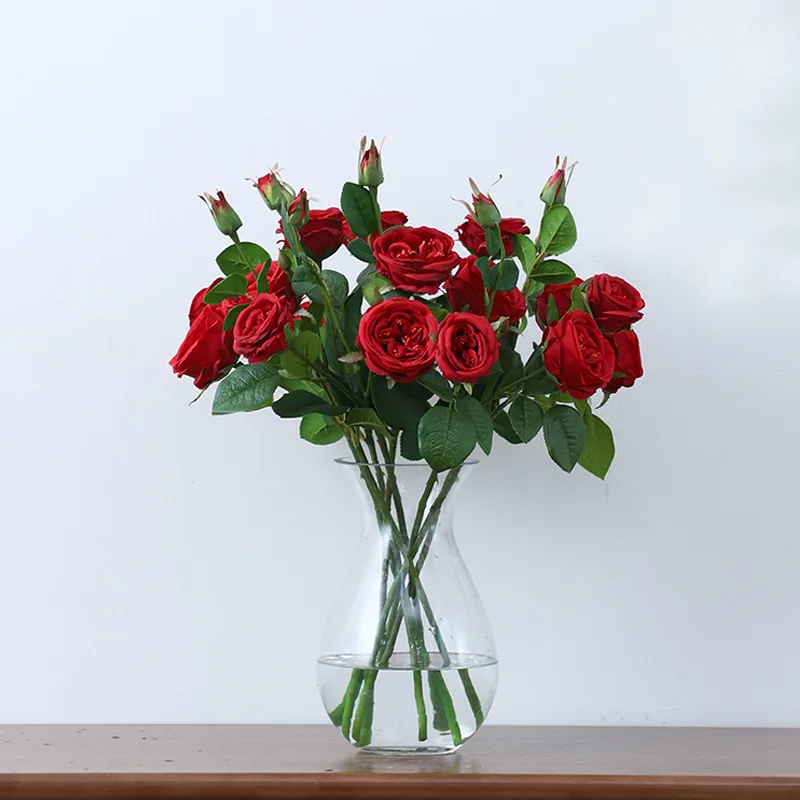 

Artificial rose hand feel three tea rose Artificial bouquet wedding rose home interior decoration fake flowers