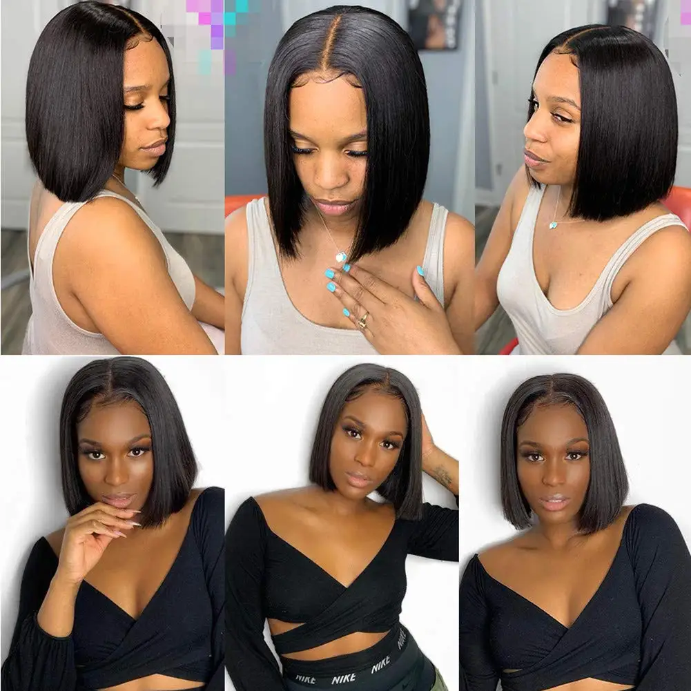

Black Lace Closure Wig 4x4 Glueless Straight Bob Lace Front Human Hair Wigs Pre Plucked Hairline Short Bob Wig with Baby Hair