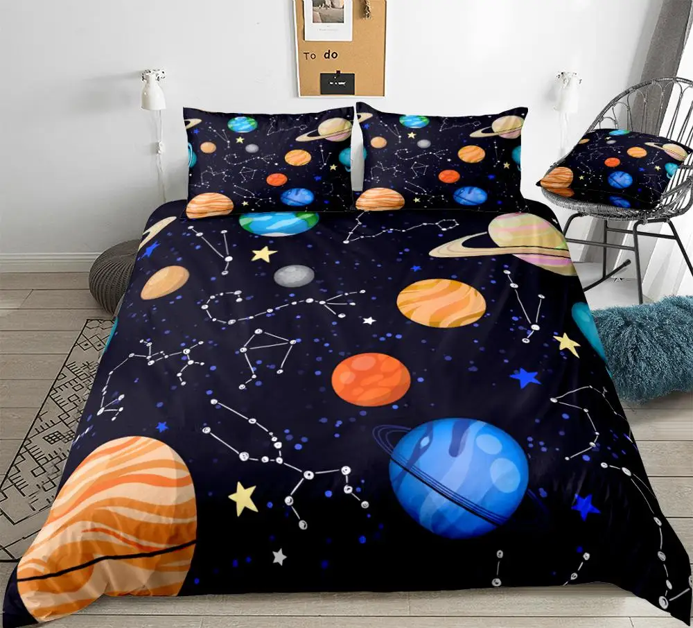 

3 Pieces Space Duvet Cover Set Planets Stars Bedding Kids Boys Girls Cartoon Galaxy Quilt Cover Queen Bed Set Blue Dropship