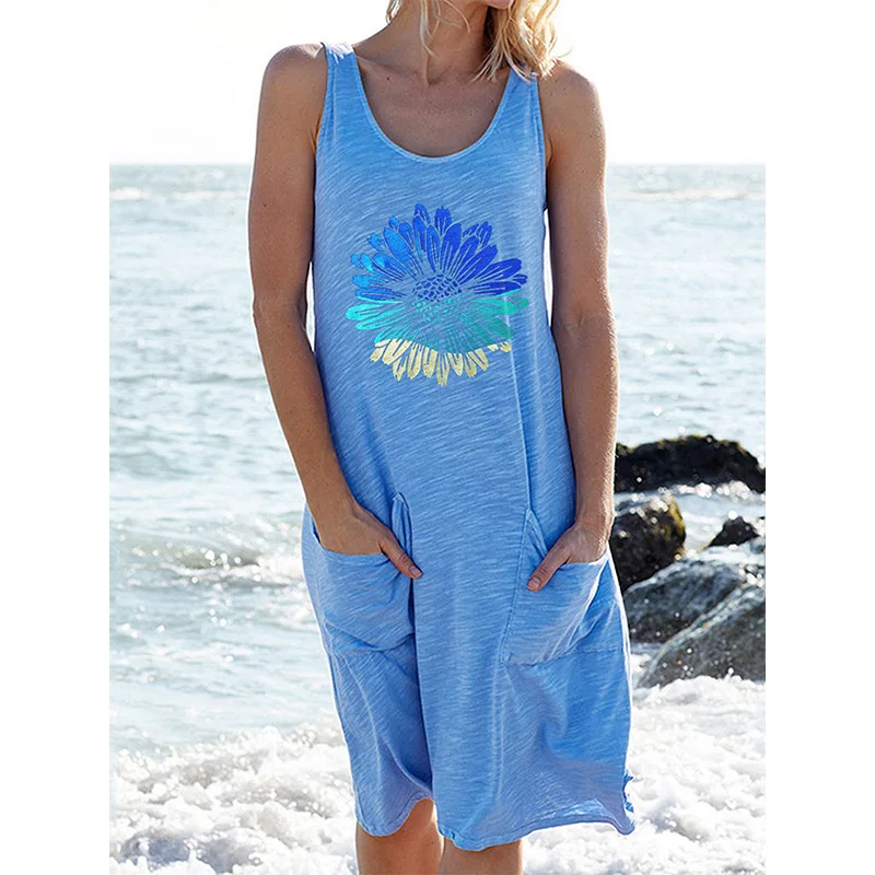 

Sunflower Digital Printing Casual Women Dress 2021 Summer New Sexy Sleeveless Pockets Dress Ladies Clothing Boho Dress Stretch