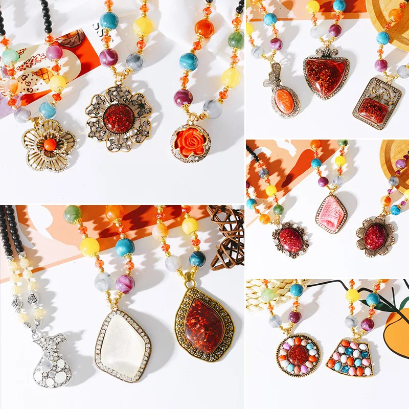 Осень и зима новый драгоценный камень бисера свитер цепь Ретро цветок длинное