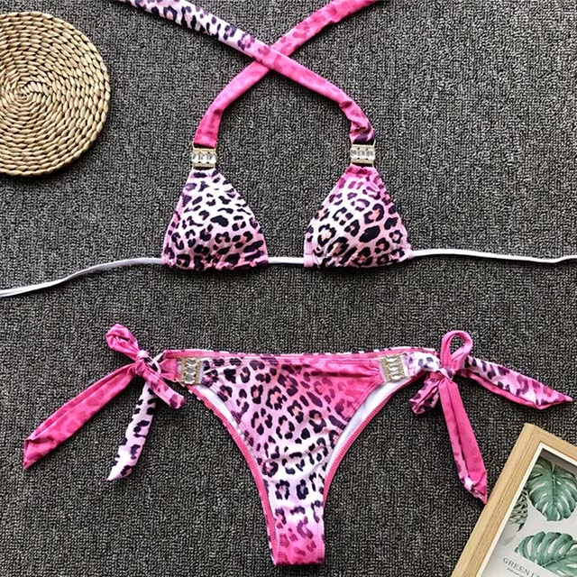 B093PinkLeopard Стразы, бикини,, блестящий Купальник для женщин, бикини с кристаллами, набор бикини с металлической цепочкой, купальник для женщин, бандо, купальник - Цвет: B093PinkLeopard