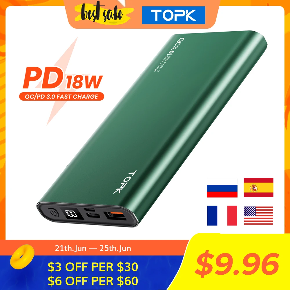 TOPK I1006P Power Bank 10000mAh Portable Charger LED External Battery PowerBank PD Two-way Fast Charging PoverBank for Xiaomi mi
