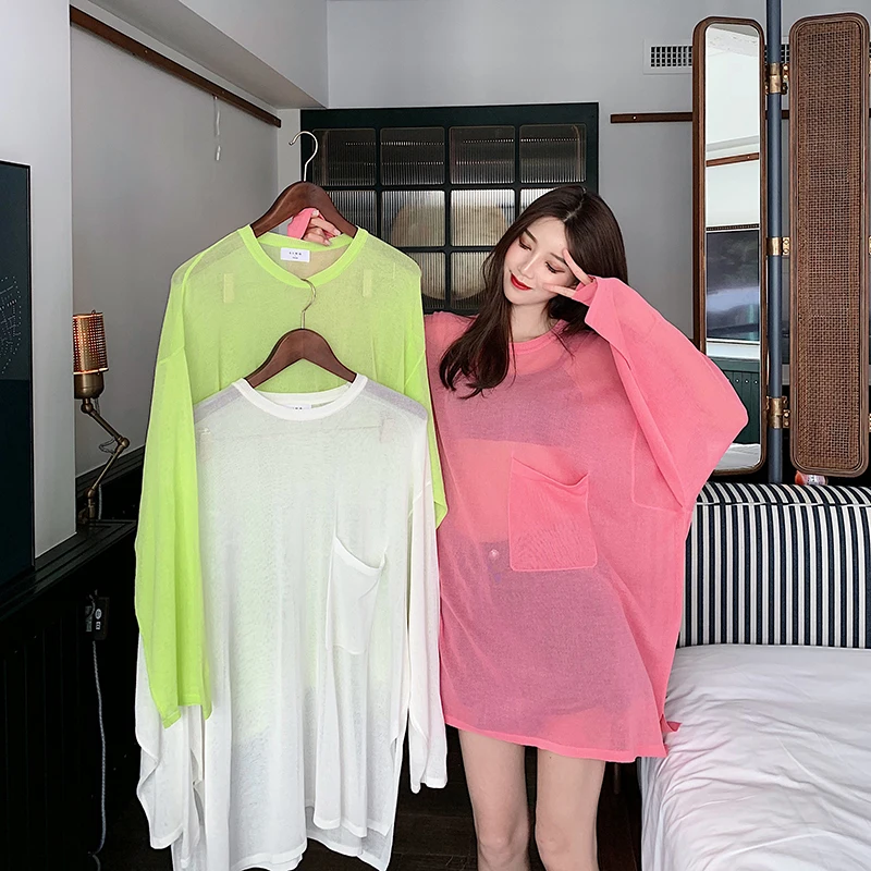 Женская тонкая прозрачная футболка с длинным рукавом и разрезом|Футболки| |