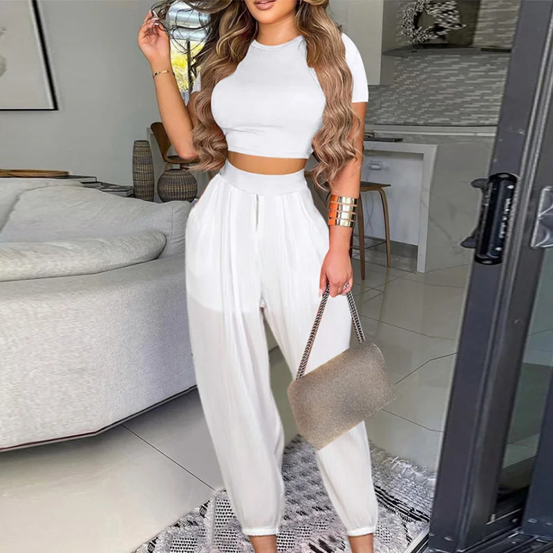 

Pringting short sleeve Flare Women's Suit Loose Casual Set Woman 2 Pieces 2021 Summer Autumn Elastic Waist Elegant Female suits
