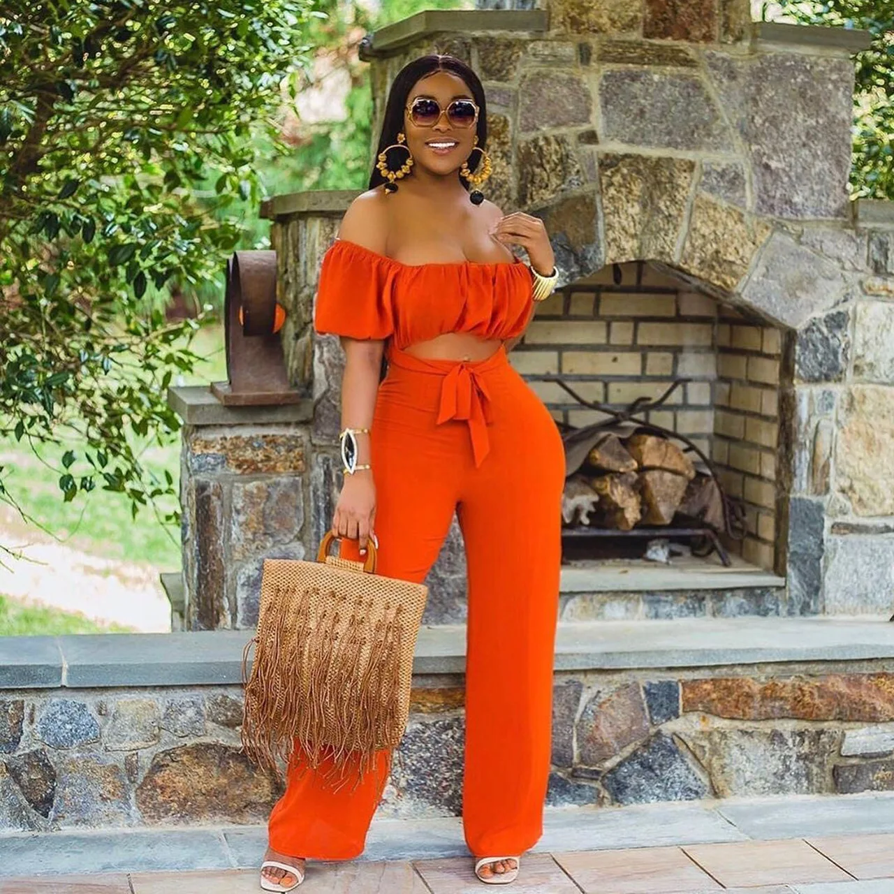 

Off Shoulder Slash Jumpsuit Sexy Hollow Out Lace Up Elegant Rompers Wide Leg Orange Solid Playsuit Overalls Party Outfit