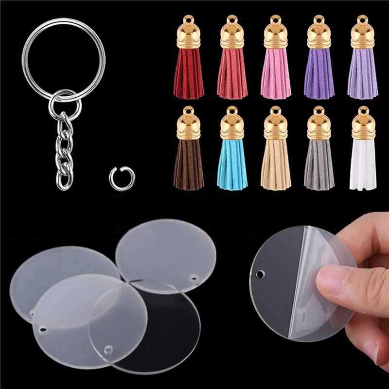 

48/90Pcs Acrylic Clear Circle Discs Keychain Set Round Acrylic Keychain Blank Leather Tassel Pendant Jump Rings for DIY