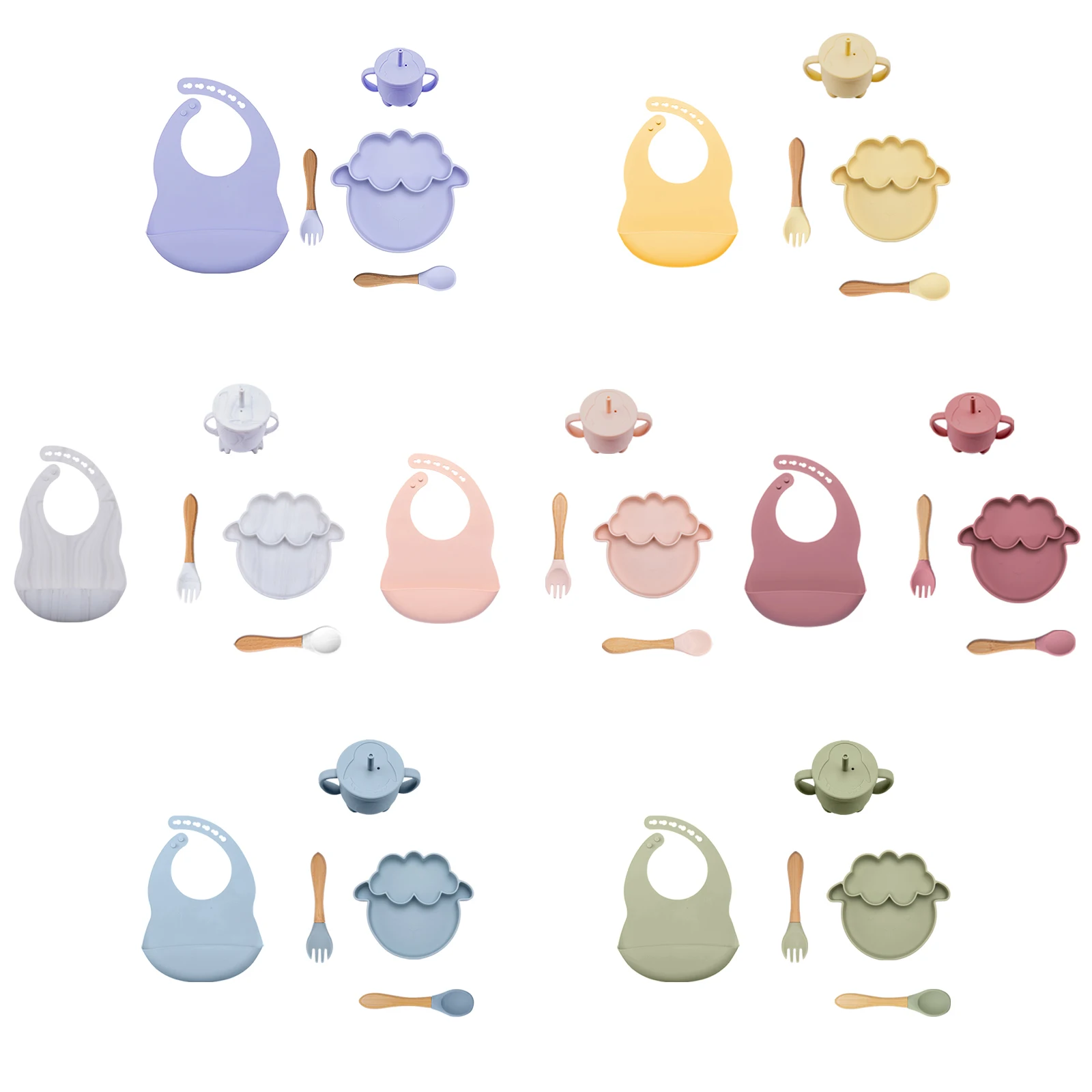 

5pcs/set baby cutlery set silicone sheep bowl straw cup spoon fork bib food grade baby feeding non-slip product