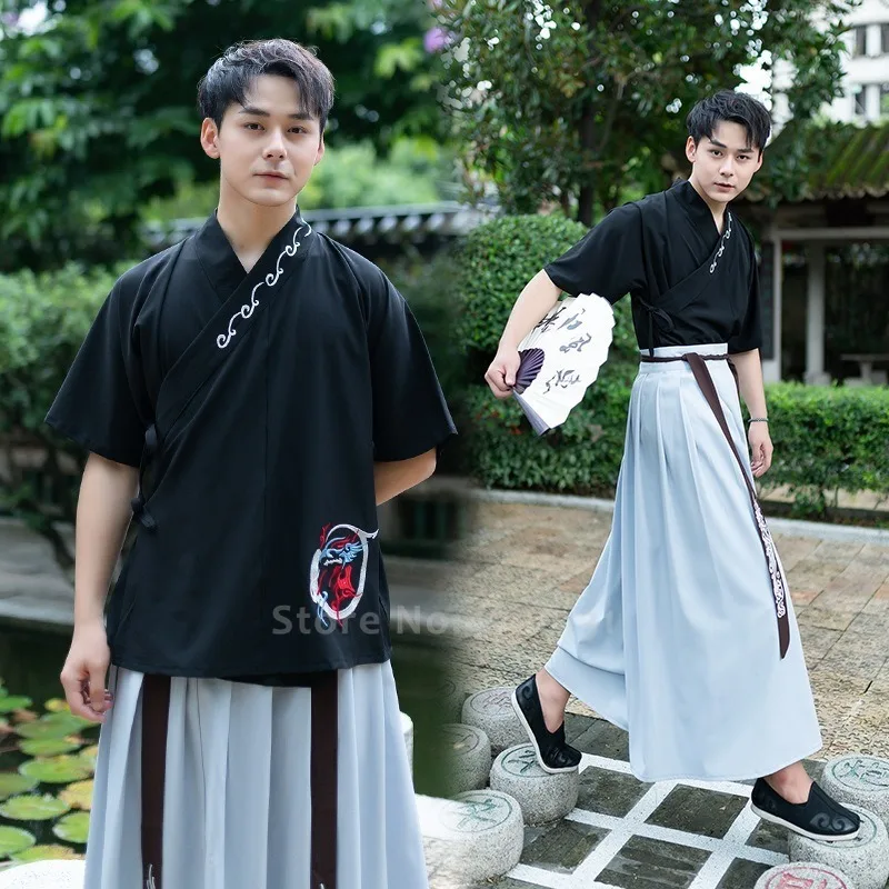 

Japanese Samurai Kimono Men Chinese Style Traditional Hanfu Tops Skirts Yukata Robes Cosplay Tang Suit Kung Fu Oriental Outfits