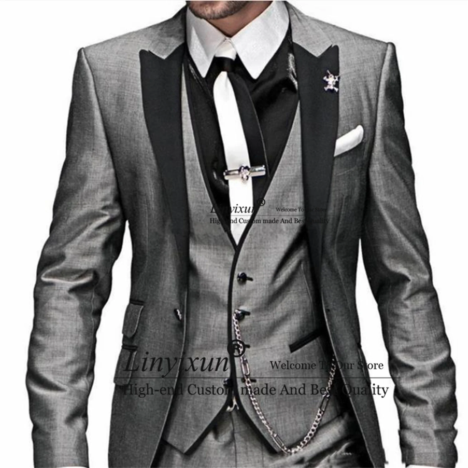 

Костюм для жениха свадебный черный, смокинг с отложным воротником и пиджак, деловой костюм из трех предметов, пиджак + брюки + жилет, серый цвет