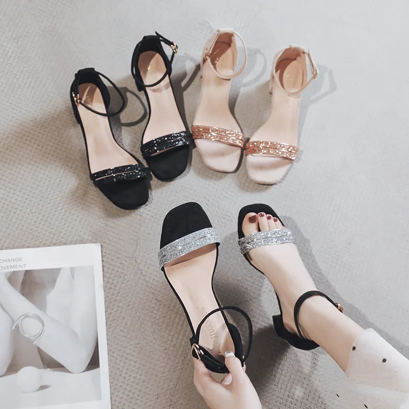 

KATELVADI Sandals Women Fashion 5CM Square Heels Ankle Strap Glitter Sandals Shoes HUD002