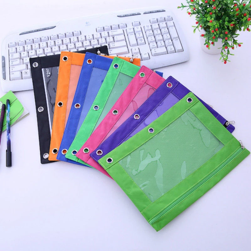 

1 Pc Zippered Binder Pencil Bag Pouch with Ring Rivet 3 Holes School Office Supplies File Holder Storage Bag Filing Products