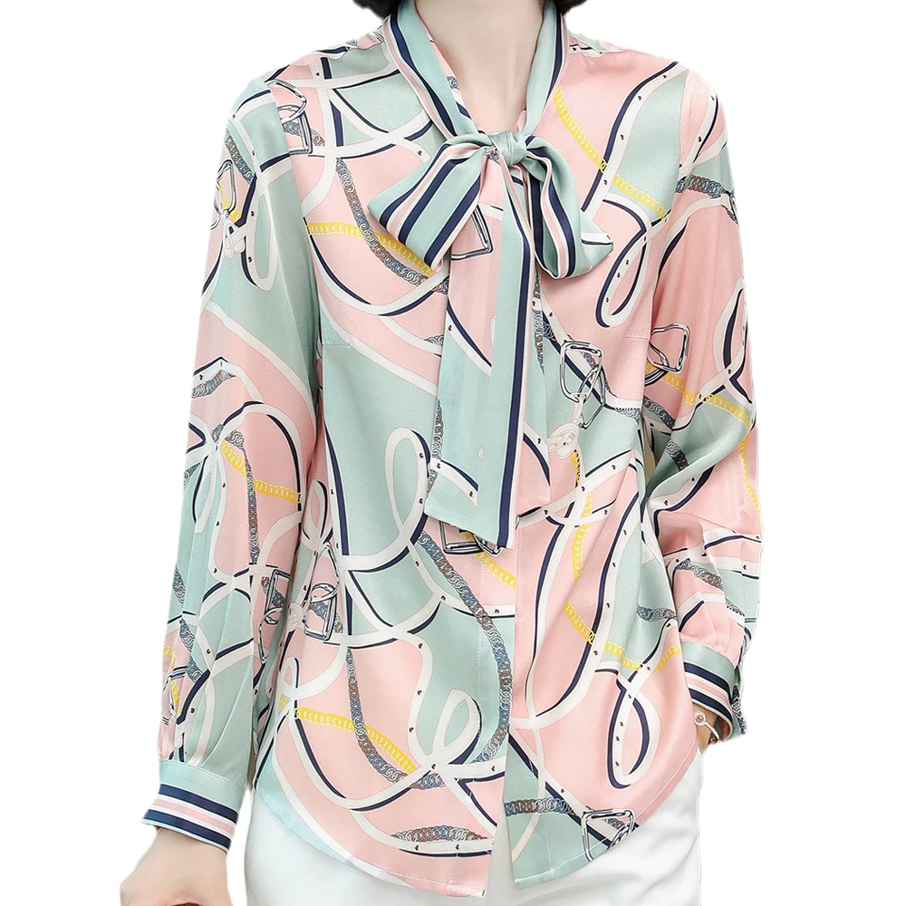 

Blouse Woman New Collection 2021 Summer Authentic Silk Floral Printed Long Sleeve Button Up Shirts Femal Elegant With Ribbon Bow