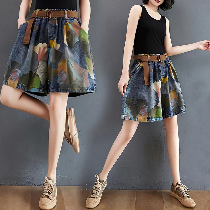 Шорты женские джинсовые с принтом свободные повседневные штаны широкими