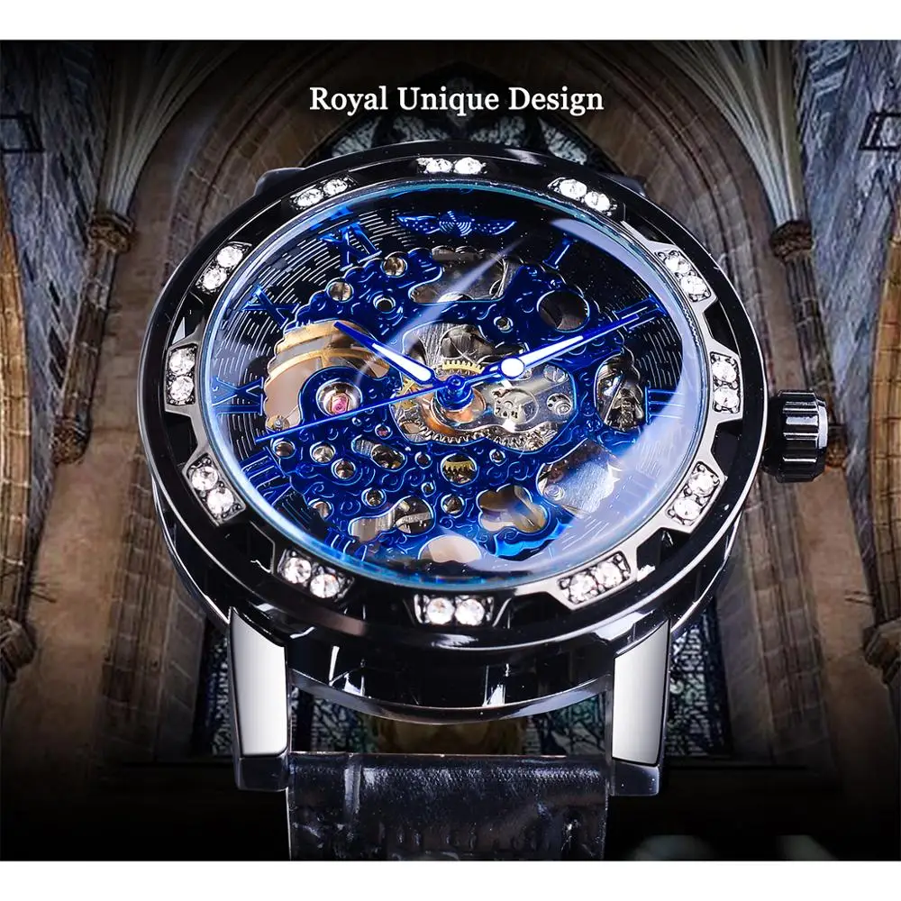 Winner Steampunk роскошные часы с бриллиантами светящимися стрелками и синим