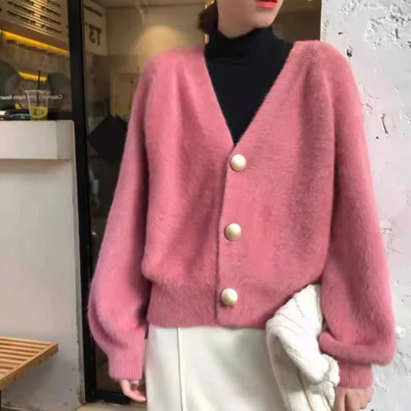 

The New Spring 2021 Female Cardigan Sweater Brim Loose Web Celebrity Coat Outside The Imitated Mink Wool Knitwear
