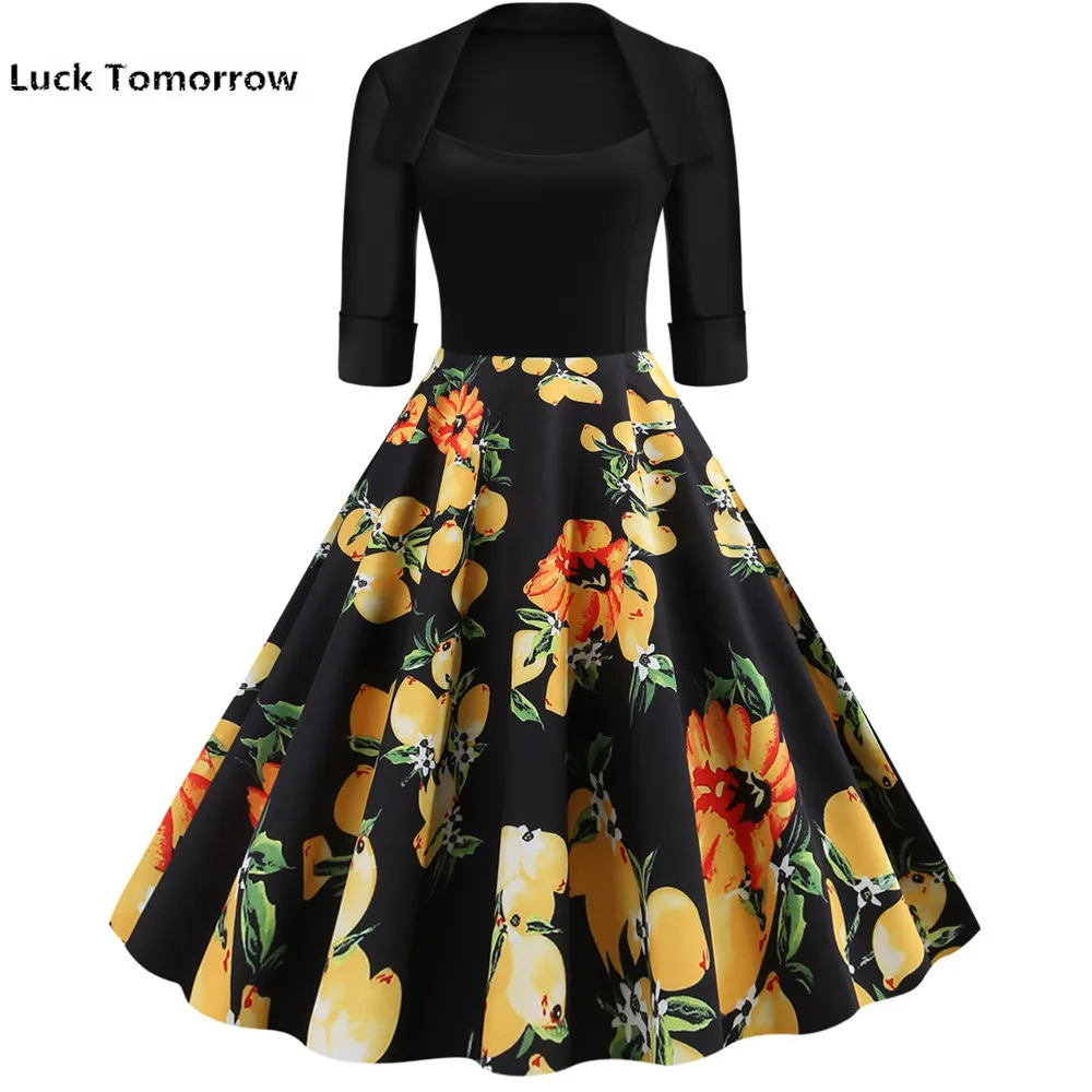 Черное осенне зимнее женское платье с коротким рукавом винтажное вечернее