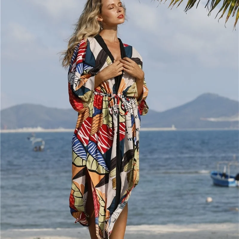 

Printed lace up split bikini cover up Sexy beach cover up sunscreen 4